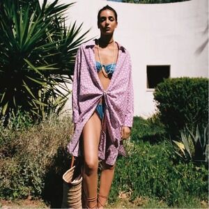 MNG Abstract Print Button-Down Shirt Cover Up in Purple